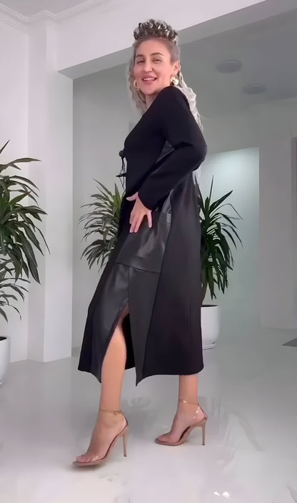 Narell™ | Elegant Midiklänning med Slits och Läderdetaljer